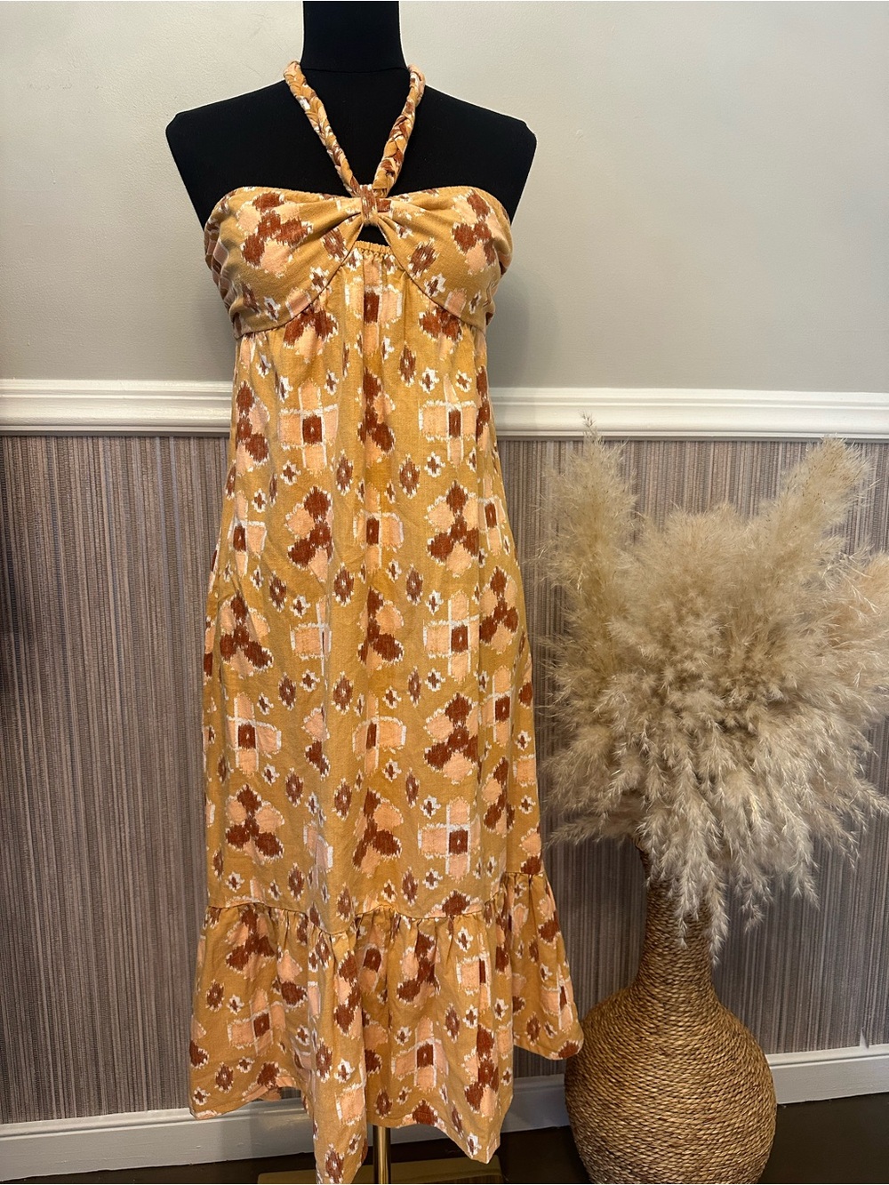 Aerie Mustard Ikat Halter Midi Dress Small Boho High Low Ruffle Hem